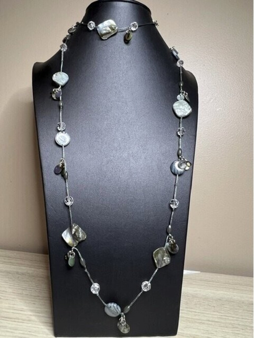 B7295 M&S Long Beaded Station Necklace abalone Shell Clear Crystal 40"